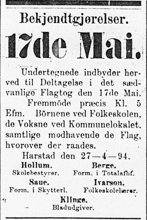 Annonse fra 17. mai-komiteen i Harstad i Tromsø Amtstidende 28.04. 1894.jpg