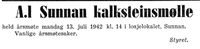 207. Annonse fra A.L. Sunnan kalksteinsmølle i Nord-Trøndelag og Inntrøndelagen 4.7. 1942.jpg