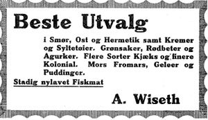 Annonse fra A. Wiseth i Trønderbladet 22.12. 1926.jpg