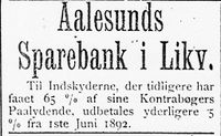 84. Annonse fra Aalesunds Sparebank i Likv. i Søndmøre Folkeblad 8.1.1892.jpg