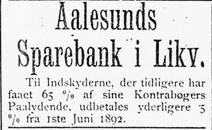 Annonse fra Aalesunds Sparebank i Likv. i Søndmøre Folkeblad 8.1.1892.jpg