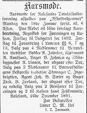 Annonse fra Aalesunds Totalafholdsforening i Søndmøre Folkeblad 8.1.1892.jpg