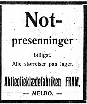 Annonse fra Aktieolieklædefabriken FRAM i Harstad Tidende 31. juli 1913.jpg