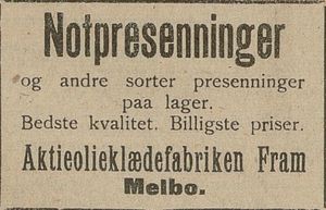 Annonse fra Aktieolieklædefabriken Fram i Harstad Tidende 29. 05. 1911.jpg