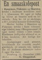 Andenes kommune annonserte ledig småskolelærerpost i Harstad Tidende 31. desember 1900.
