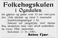 209. Annonse fra Anton Fjær om folkehøgskole i Ogndal i avisa Namdalens Folkeblad 1901.jpg