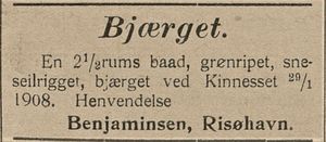 Annonse fra Benjaminsen, Risøyhavn i Haalogaland 15.02. 1908.jpg