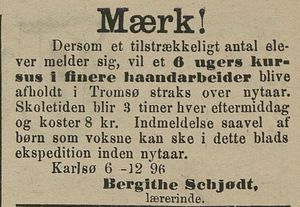 Annonse fra Bergithe Schjødt i Tromsø Stiftstidende 13.12. 1896.jpg