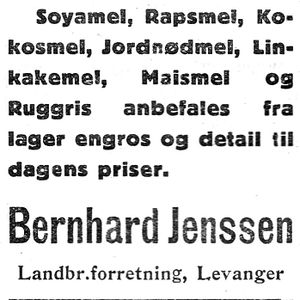 Annonse fra Bernh. Jensen i Nord-Trøndelag og Nordenfjeldske Tidende 2. 11. 1922.jpg