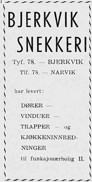 Annonse fra Bjerkvik snekkeri i Harstad Tidende 28.02. 1962.jpg