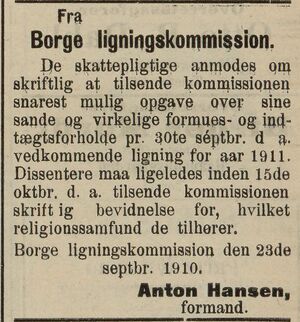 Annonse fra Borge ligningskommission i Fredriksstad Tilskuer 24.09. 1910.jpg