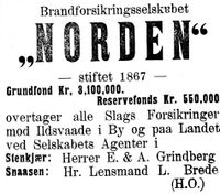 66. Annonse fra Brandforsikringsselskapet NORDEN i Stenkjær Avis 15.2. 1899.jpg