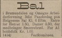 Annonse for ball i Brumundalen og Omegns Arbeiderforening, ''Oplandenes Avis'' 13. april 1895.