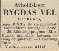 D.N.T.s første 90 år ble annonsert i Harstad Tidende 28. desember 1949.