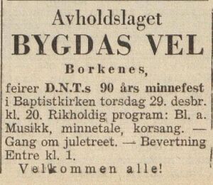 Annonse fra Bygdas Vel om 90-årsfest i Baptistkirka på Borkenes i Harstad Tidende 28.12.1949.jpg