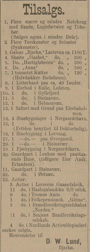 Annonse fra D.W. Lund i Bodø Tidende 17.01.1896.jpg