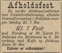 Frikirken på Hamar var åsted for foreningens 3. årsmøte og fest. Annonsert i Hamar Stiftstidende 29. juni 1895.