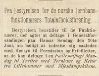 Ville man delta på utflukter under foreningens 3. landsmøte på Hamar, måtte man sørge for å få permisjon. Annonse i Jernbaneavisen 24. juni 1895.