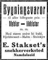 127. Annonse fra E, Staksets snekkerverksted i Trønderbladet 1512. 1926.jpg