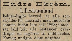 Annonse fra Endre Ekrem i Tromsø Amtstidende 30.06. 1898.jpg