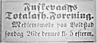 Medlemsmøte på Vollstad søndag 26. februar 1888. Senjens Tidende 17. februar 1888.