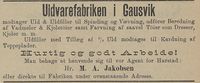 Baker Jakobsen var og agent for Gausvik Uldvarefabrik. Fra Harstad Tidende 16. oktober 1900.
