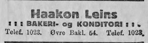 Annonse fra Håkon Leins bakeri i Ny Tid 1914.jpg