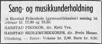 Harstad Folkeskole annonserte sang og musikkunderholdning søndag 16. februar 1958.