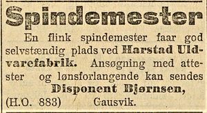 Annonse fra Harstad Uldvarefabrik i Stavanger aftenblad 27.11. 1915.jpg