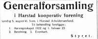 Generalforsamling var det to ganger per år. Annonse i Folkeviljen 23. juli og 8. august 1923.