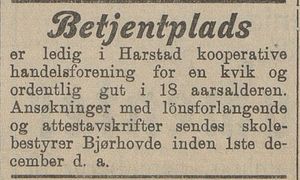 Annonse fra Harstad koop. Handelsforening i Harstad Tidende 18.11. 1907.jpg