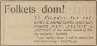 Annonse i Folkeviljen 22. oktober 1920.