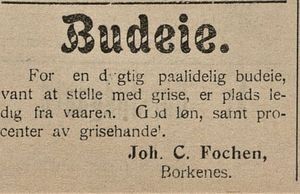 Annonse fra Joh. C. Fochsen i Haalogaland 19.02. 1908.jpg