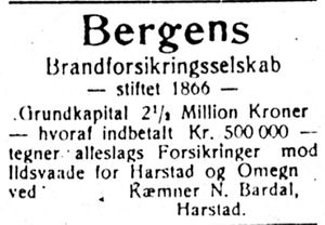 Annonse fra Kæmner N. Bardal i Haalogaland 2907 1913.jpg