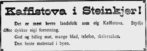 Annonse fra Kaffistova Steinkjer i Ungskogen 16.9. 1915.jpg