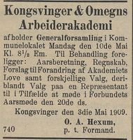 92. Annonse fra Kongsvinger & Omegns Arbeiderakademi i Hedemarkens Amtstidende 05.05.1909.jpg