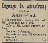 94. Annonse fra Kongsvinger kr. Arbeiderforening i Hedemarkens Amtstidende 05.05.1909.jpg