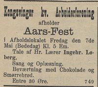 79. Annonse fra Kongsvinger kr. Arbeiderforening i Hedemarkens Amtstidende 05.05.1909.jpg