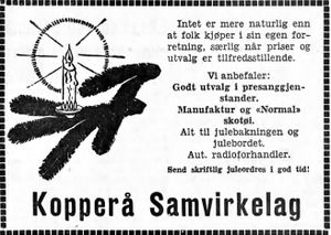 Annonse fra Kopperå Samvirkelag i Arbeideravisen 1938.jpg