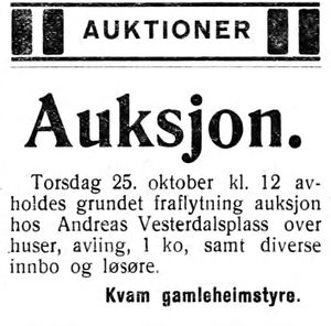 Annonse fra Kvam gamleheimstyre i Indhereds-Posten 19.10. 1923.jpg