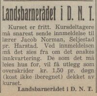 Fra Harstad Tidende 27. august 1937. Kurs som Jacob Norman tok initiativ til. Han var da formann i Trondenes fylke.