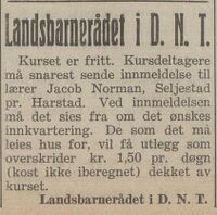 Fra Harstad Tidende 27. august 1937. Kurs som Jacob Norman tok initiativ til. Han var da formann i Trondenes fylke.