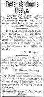 Banksjef Hansen hadde "flere jern i ilden". Denne annonsen sto i Tromsø Amtstidende 4. januar 1900. (Klikk for å få full størrelse på annonsen). Den omtalte Nils Laurits Hansen var L. M. Hansens eldre bror.
