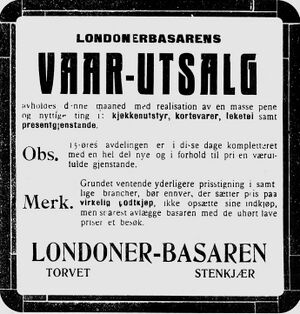 Annonse fra Londonerbasaren, Steinkjer i Ungskogen 30.3.1916.jpg