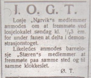 Annonse fra Losje Narvik i avisa Fremover lørdag 6. juli 1912.jpg