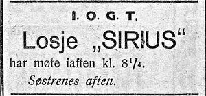 Annonse fra Losje Sirius i Flekkefjord-Posten 23.01. 1919.jpg