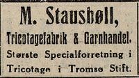 Mads Stausbølls annonse i Oslo-avisa Tidens Tegn 13. mai 1914.