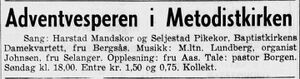 Annonse fra Metodistkirken i Harstad Tidende 1. desember 1956.jpg