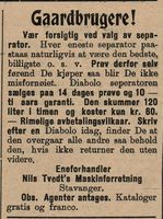 Nils Tvedt i Stavanger sverget til separatoren "Diabolo" i Gula Tidend 2. januar 1913.