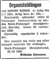 2. Annonse fra Nord-Flatanger Menighetsråd i Namdal Arbeiderblad 28.10.1950.jpg